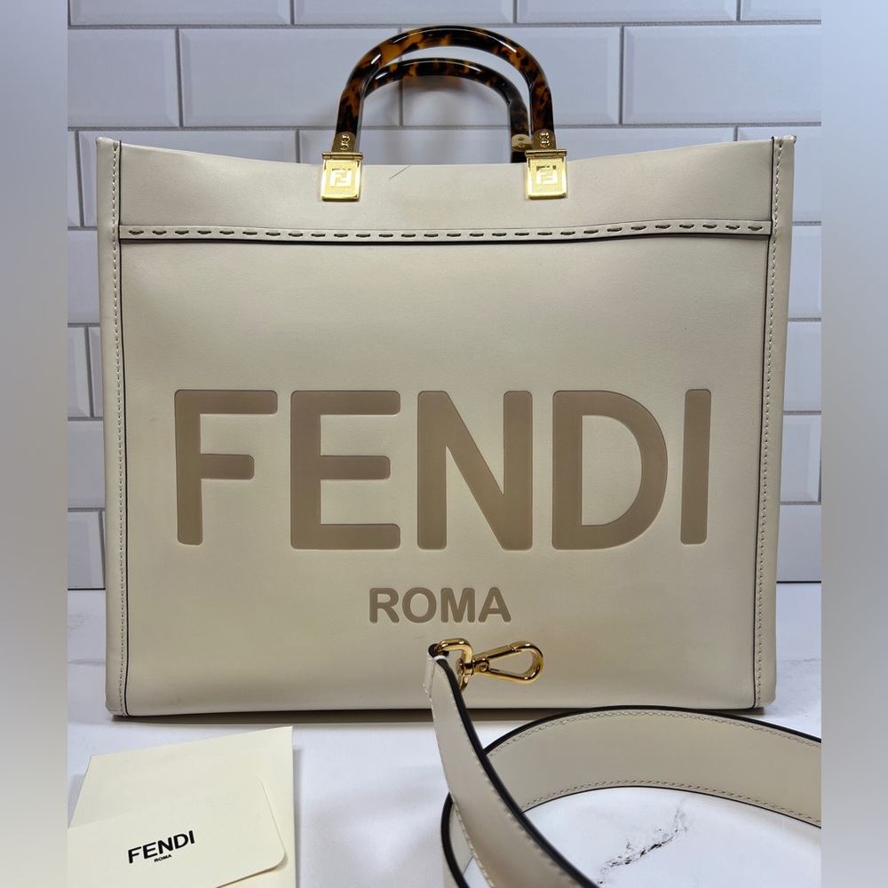 Fendi Cream Roma Logo Tote with Tortoiseshell Handles